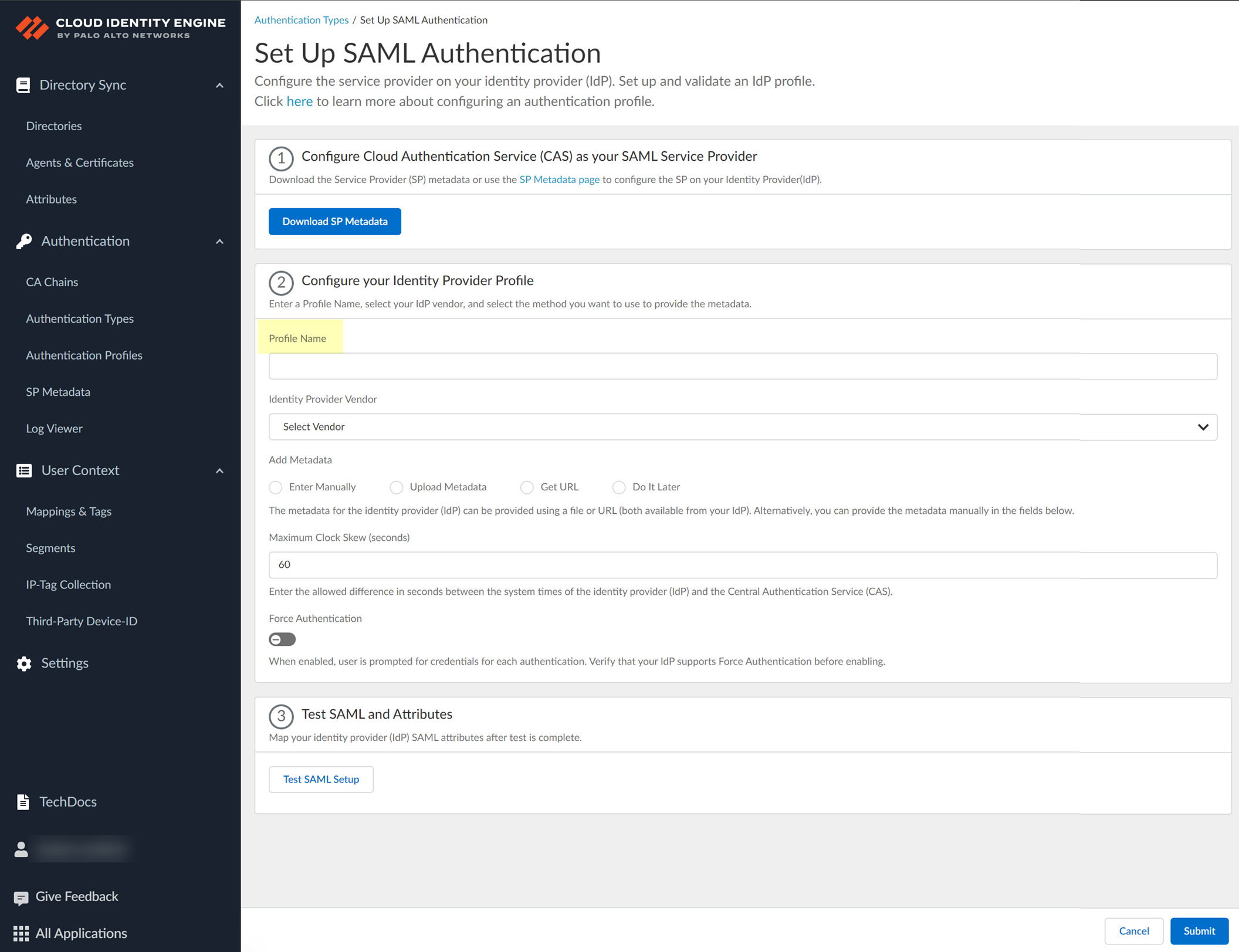 Screenshot of Profile Name and IdP Vendor
