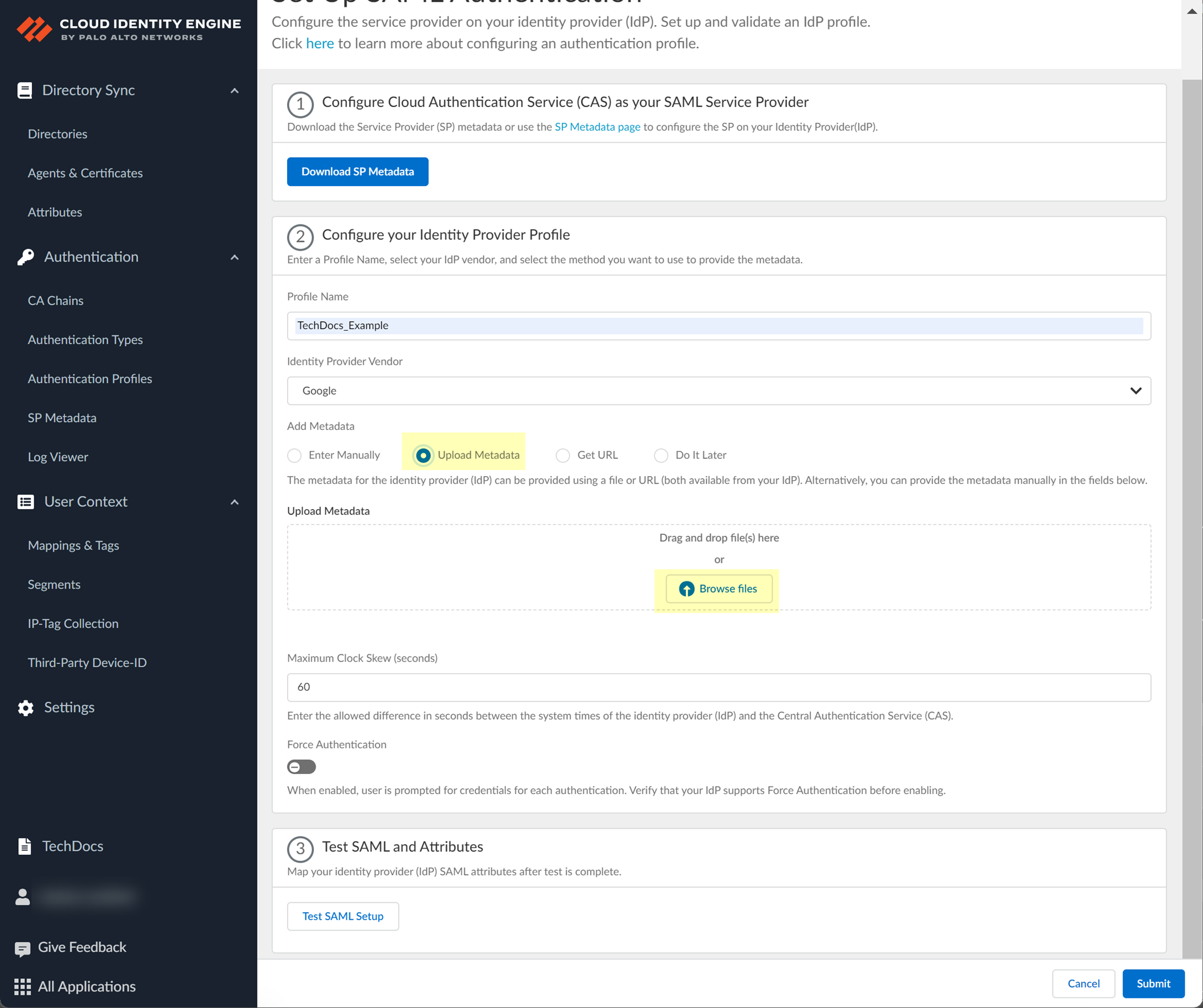 Screenshot of Upload Metadata option