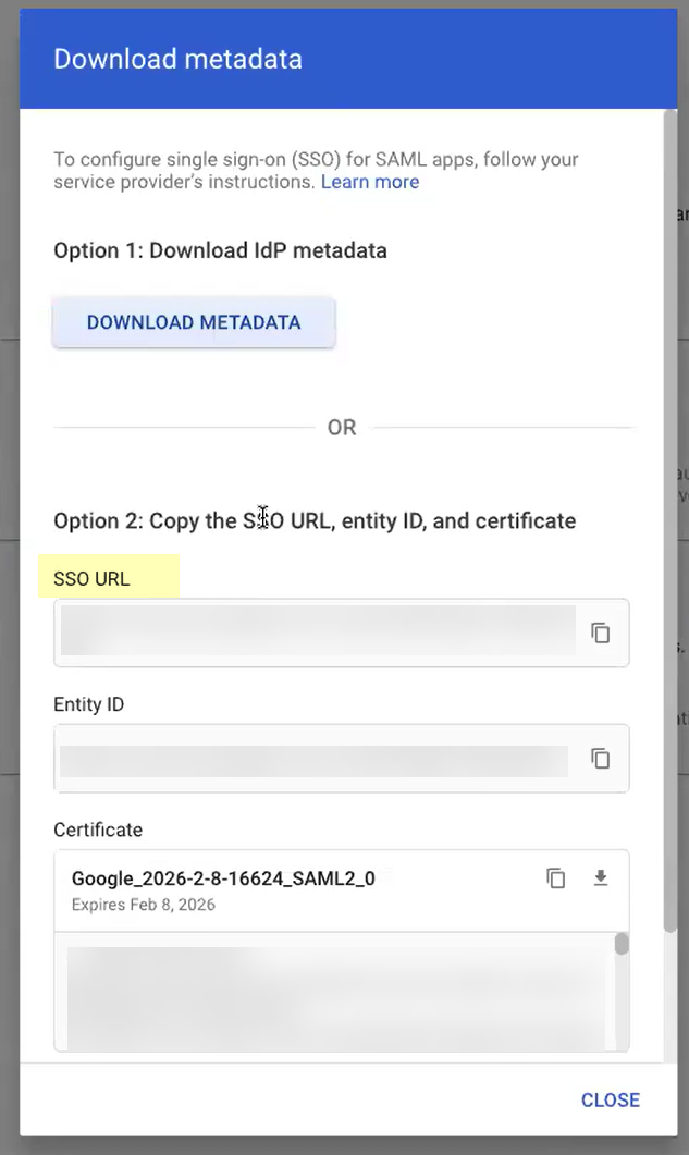 Screenshot of SSO URL in Google Admin