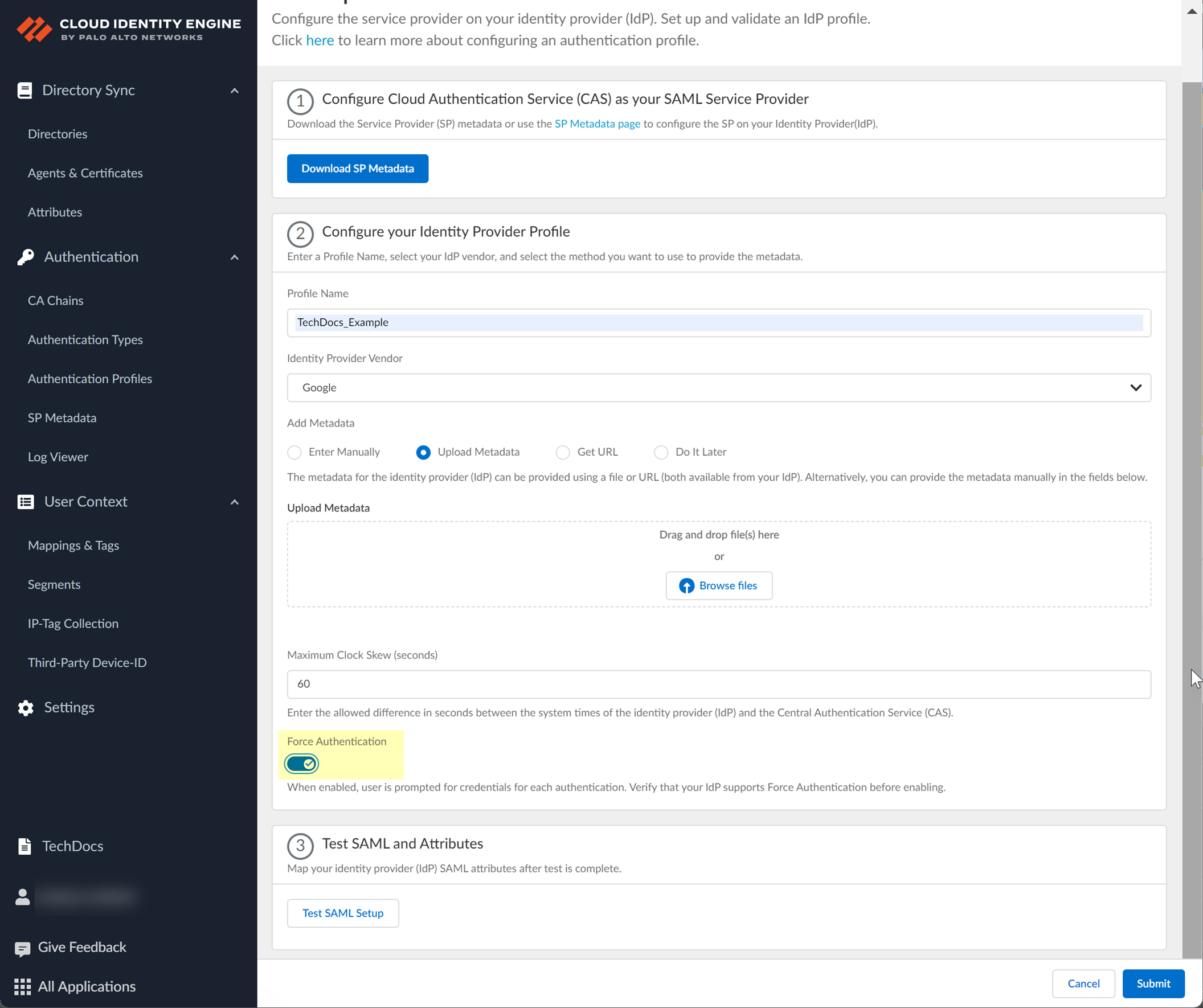Screenshot of Force Authentication option