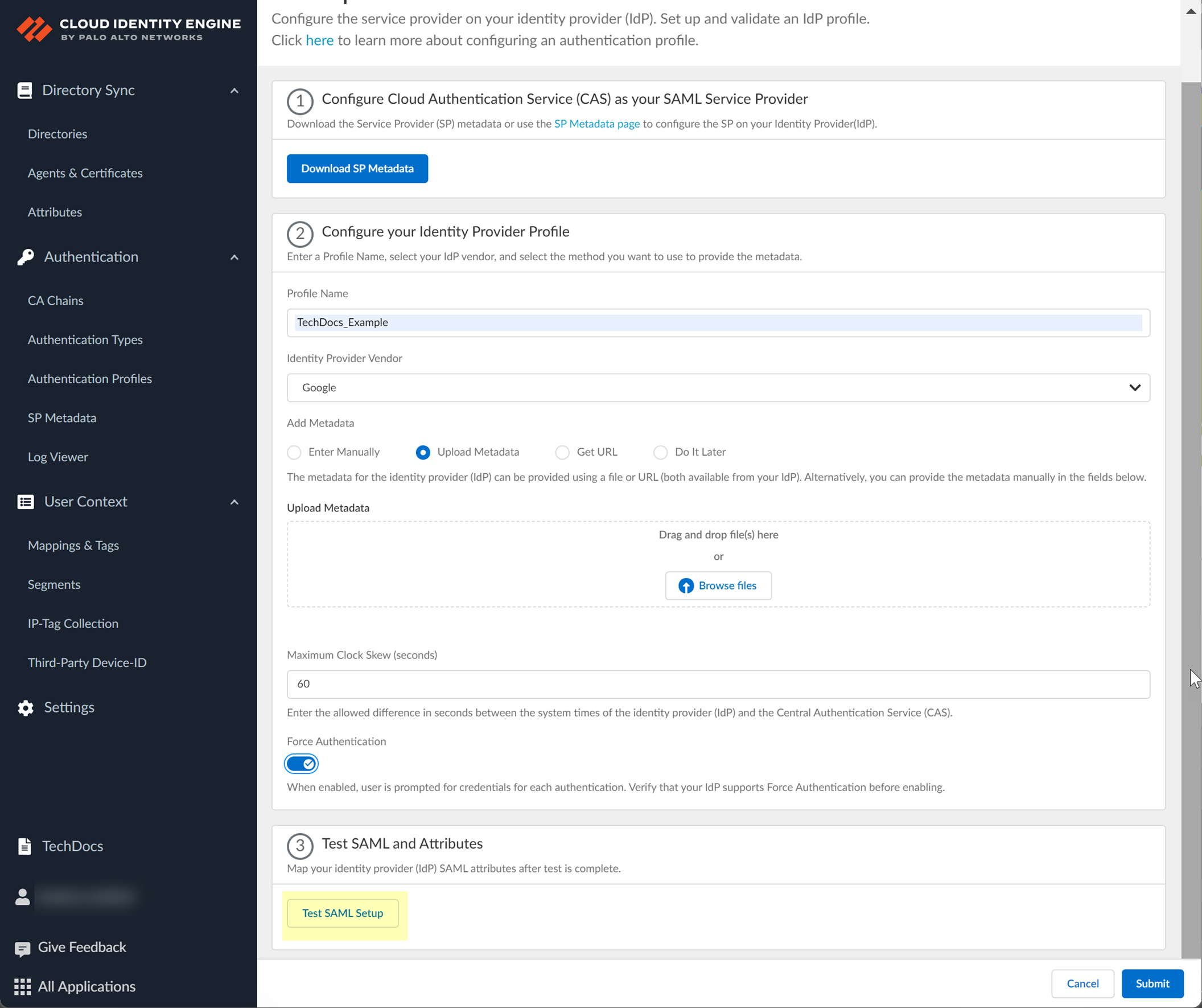 Screenshot of Test SAML setup button