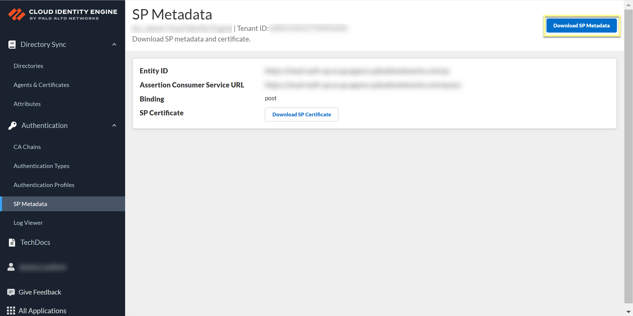 Screenshot of Download SP Metadata
