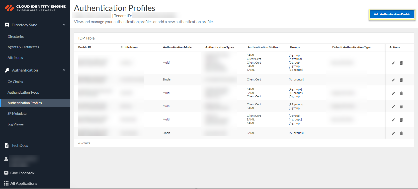 Screenshot of Add Authentication Profile button