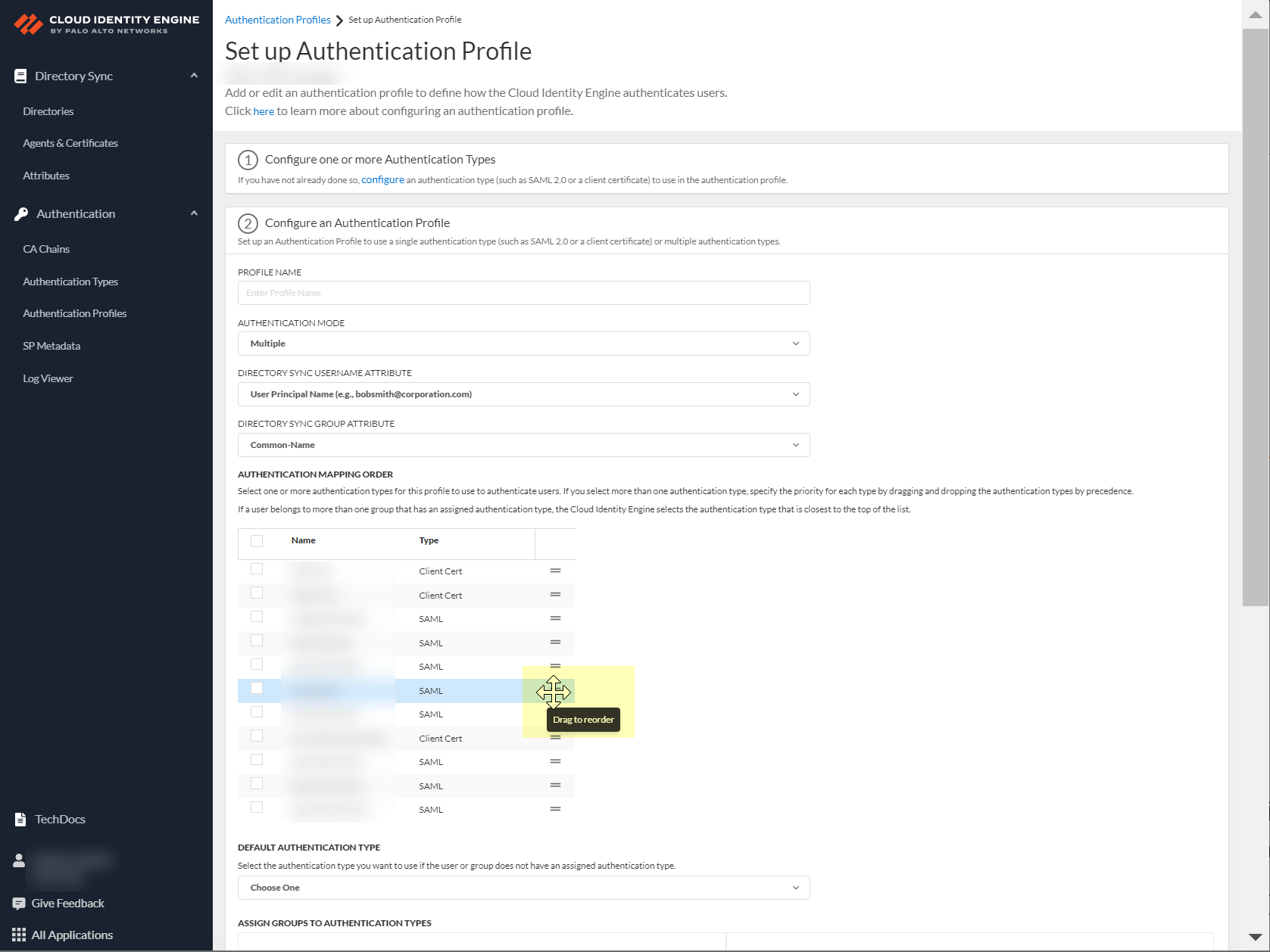 Screenshot of Default authentication type