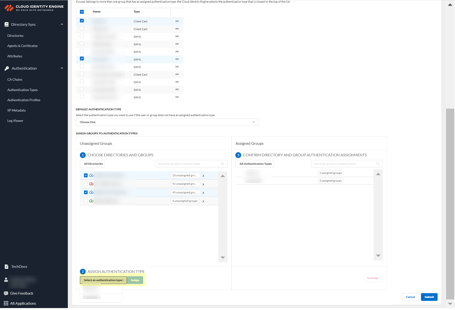 Screenshot of Assign authentication type
