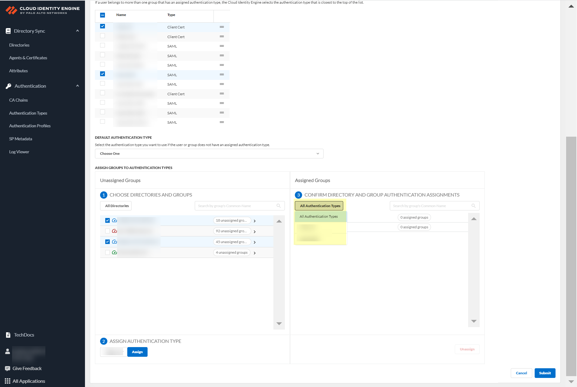 Screenshot of reviewing assigned authentication types
