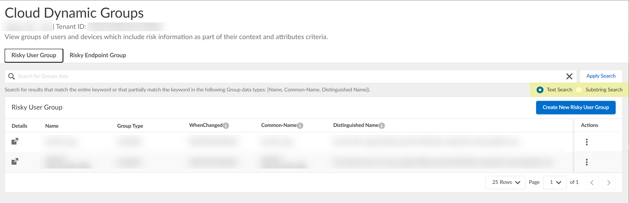 Screenshot of search type options