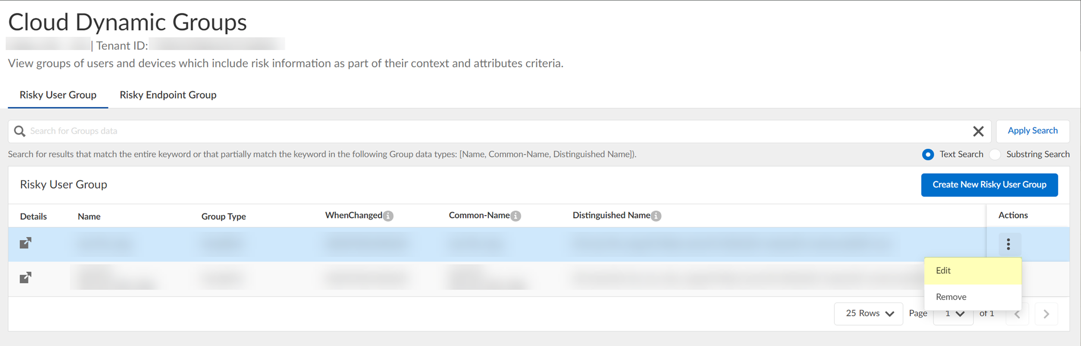 Screenshot of Edit option for group