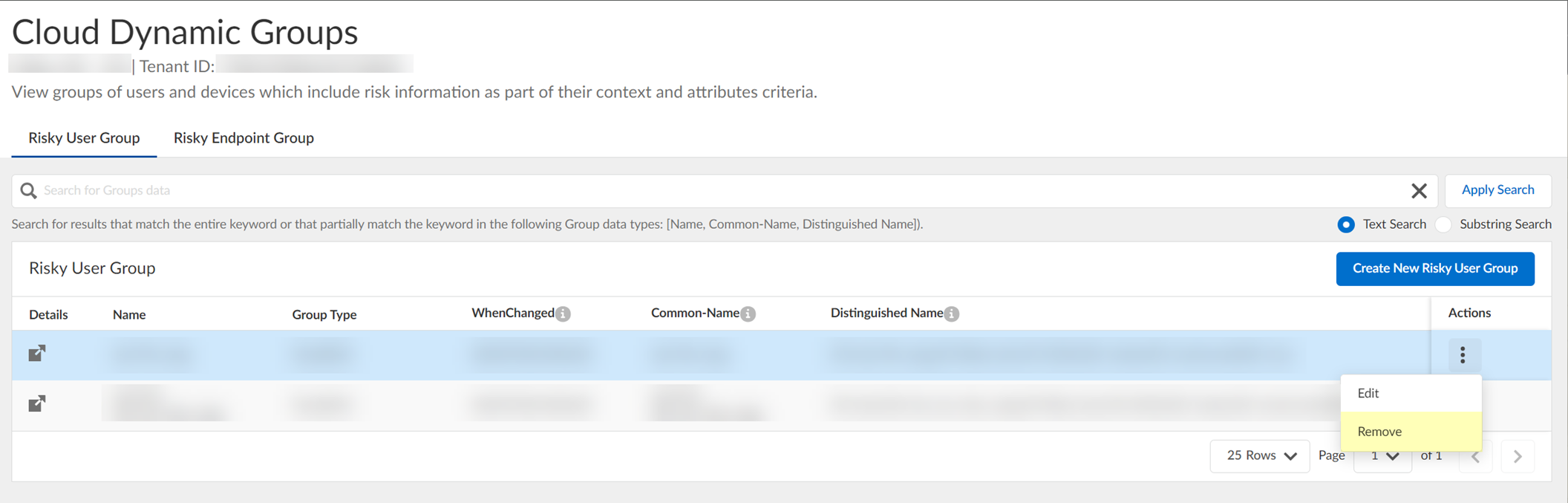 Screenshot of Remove option for group