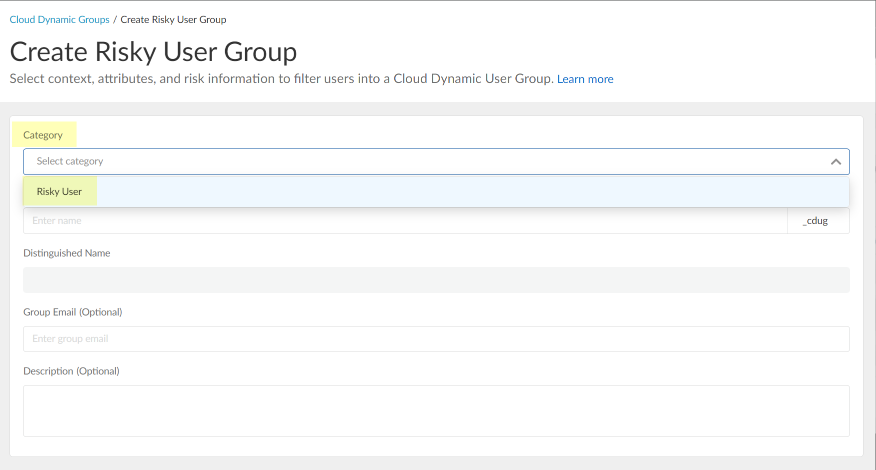 Screenshot of Risky User category selection
