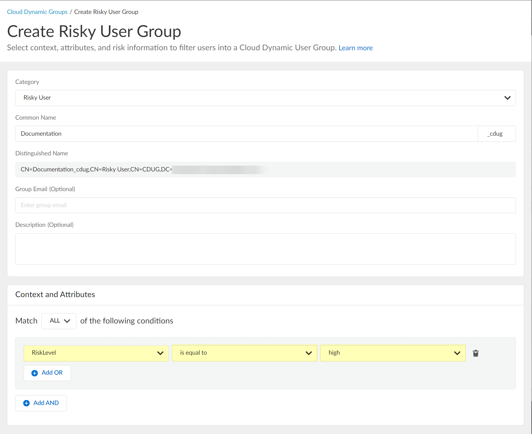 Screenshot of context and attribute selection