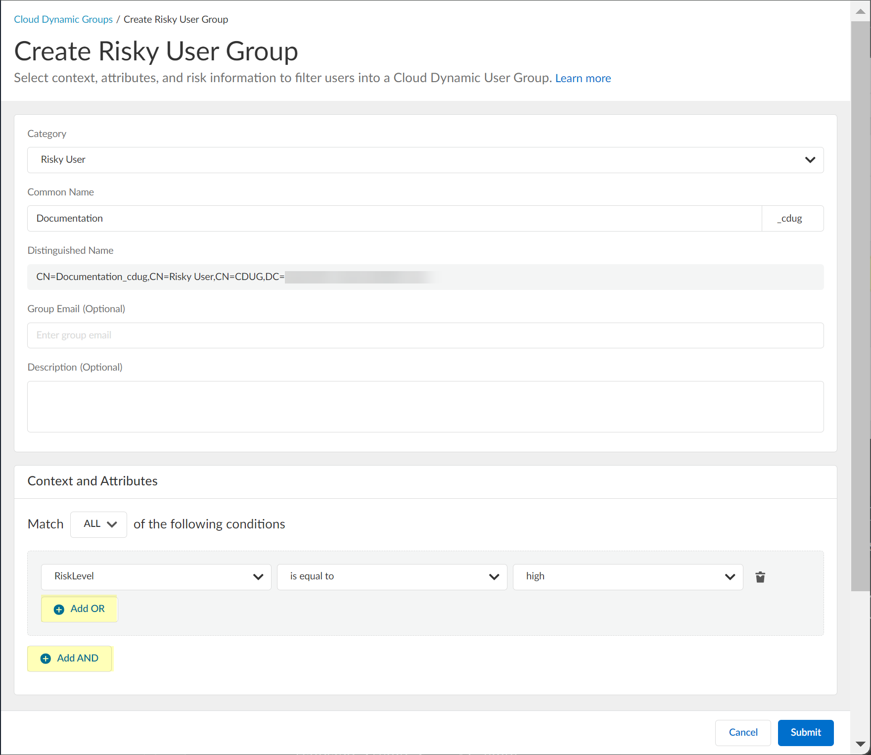 Screenshot of Add OR/AND criteria