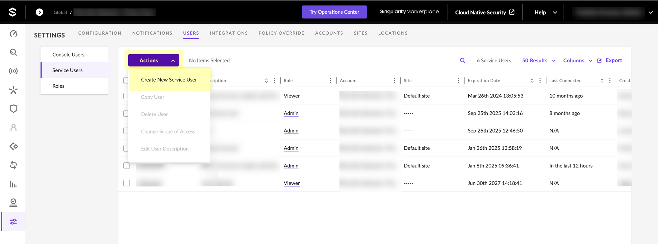 Screenshot of SentinelOne Service Users
