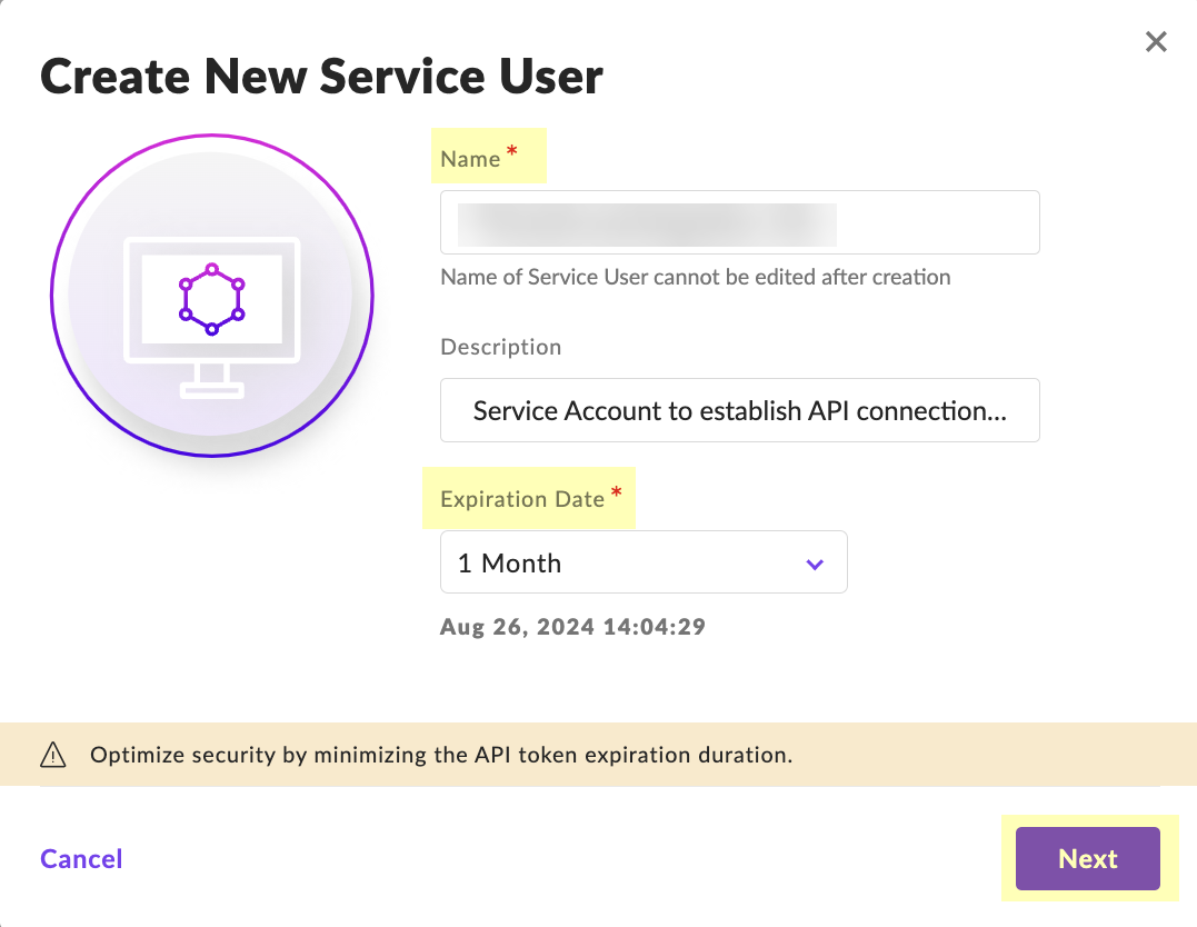 Screenshot of Create New Service User details