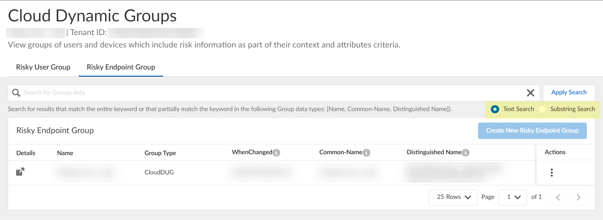 Screenshot of search type options