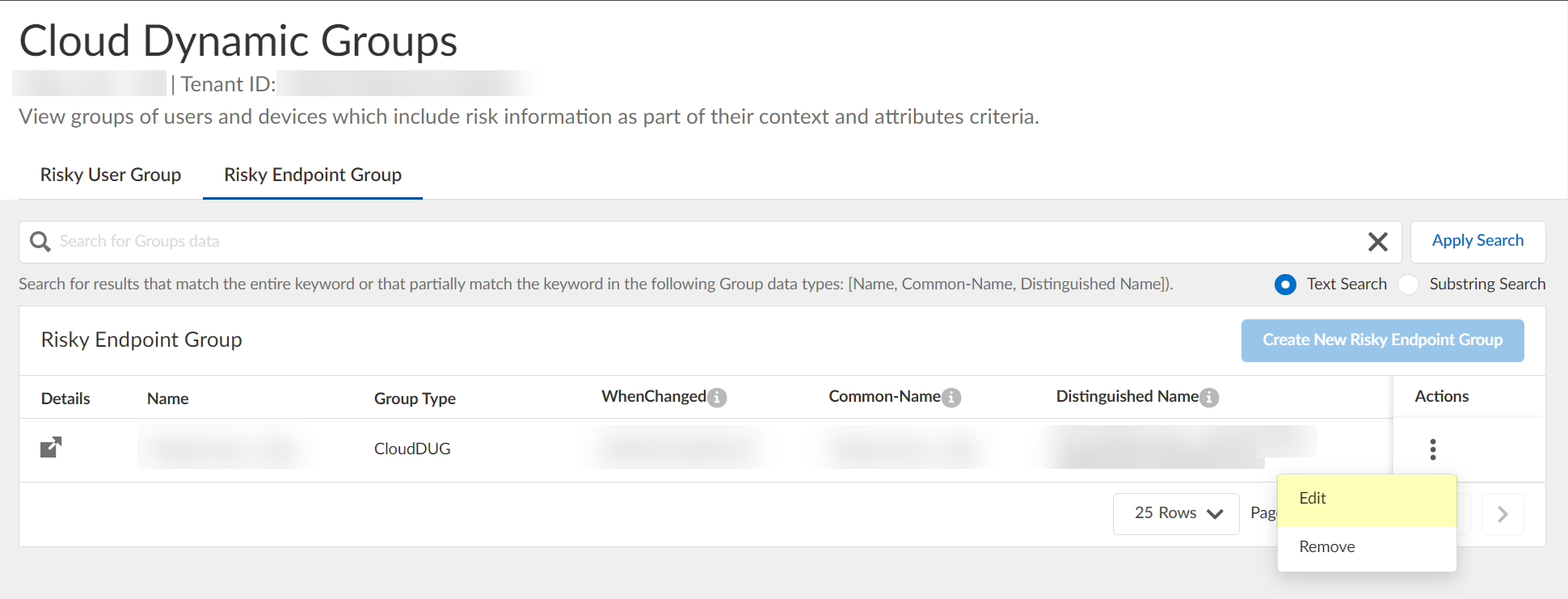 Screenshot of Edit option for group