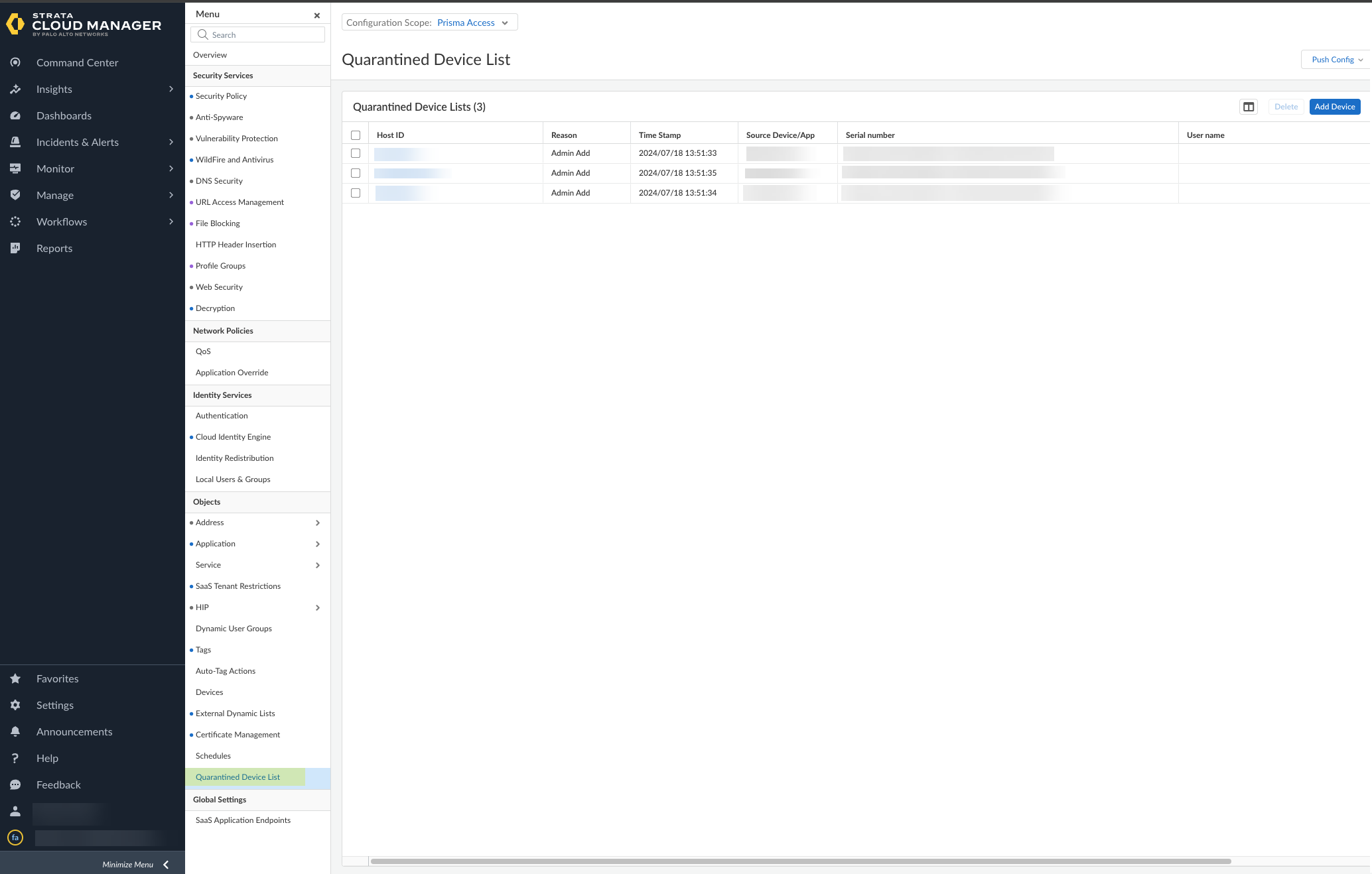Screenshot of Quarantined Device List in Strata Cloud Manager