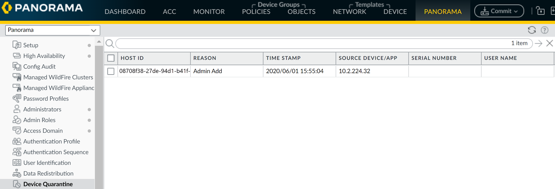 Device Quarantine List View in PAN-OS GUI