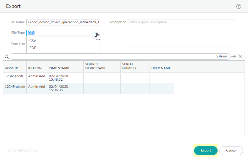 Export option on Device Quarantine page