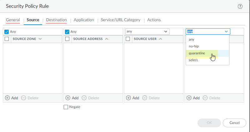 Security Policy rule with Quarantine as Source Device