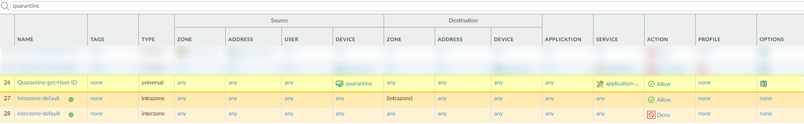 Security Policy rule list showing Quarantine rule