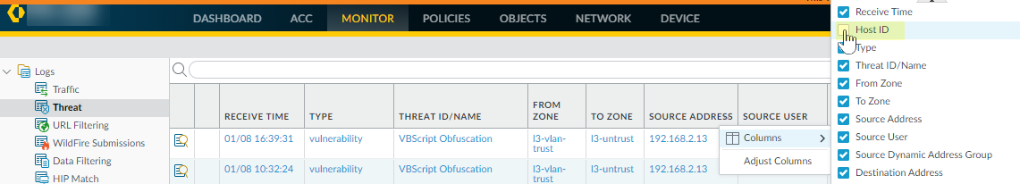 Adding Host ID column to log view
