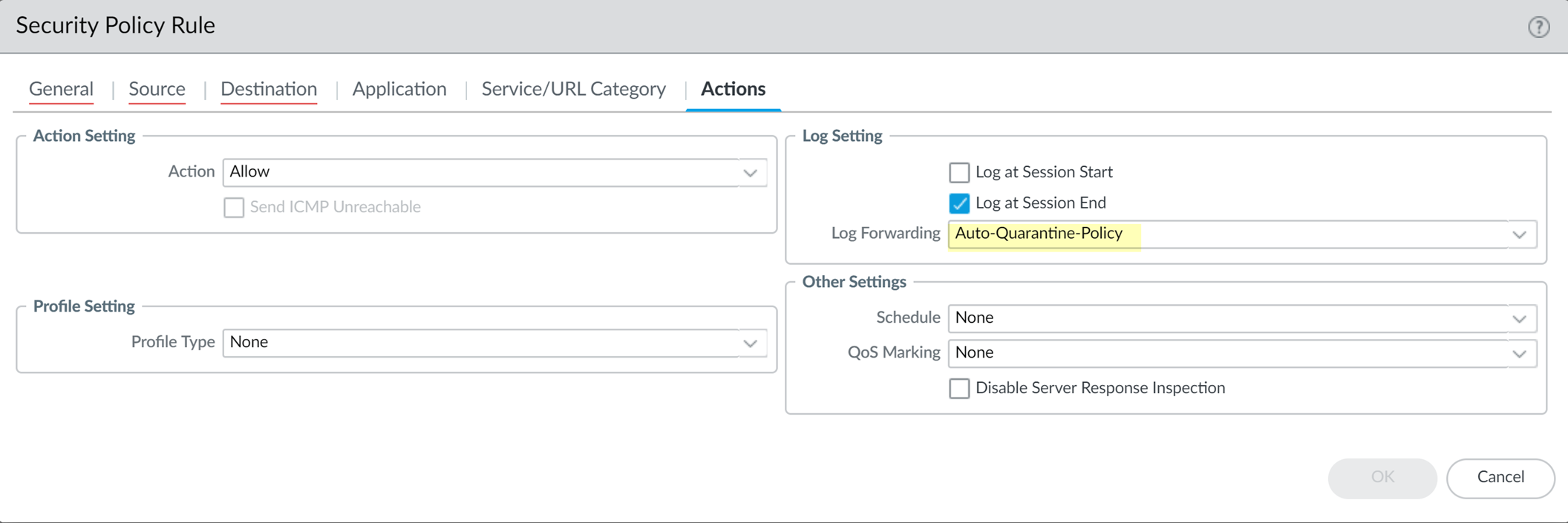 Assigning Log Forwarding Profile in Security Policy