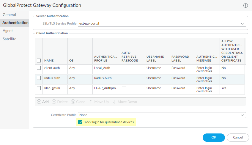 Block login for quarantined devices setting in GlobalProtect Gateway config