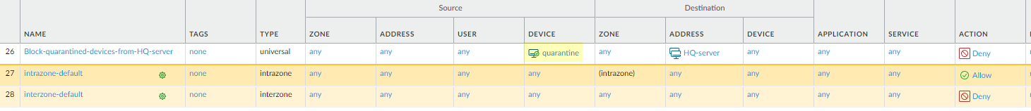 Security Policy rule denying traffic from Quarantine source device