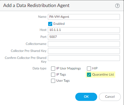 Data Redistribution Agent configuration in Panorama selecting Quarantine List